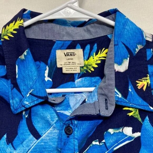 Vans Off The Wall Men's Casual Button Down Large Bonsai Blue Hawaiian Shirt EUC - Picture 7 of 8